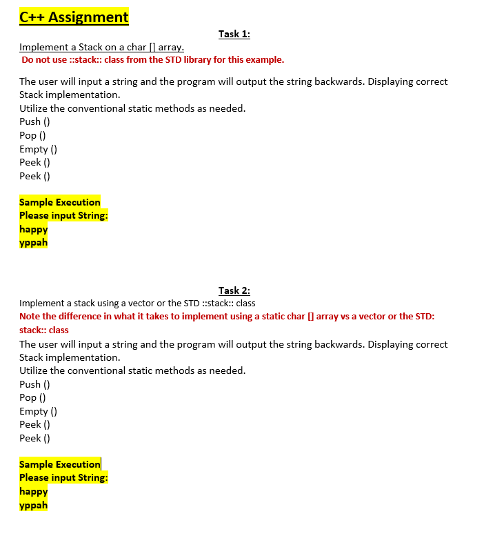 Solved C++ Assignment Task 1: Implement a Stack on a char | Chegg.com