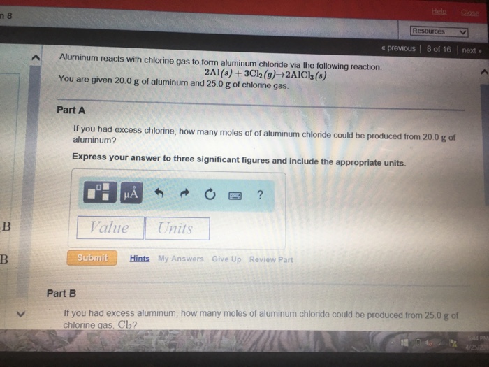 Solved Aluminum reacts with chlorine gas to form aluminum