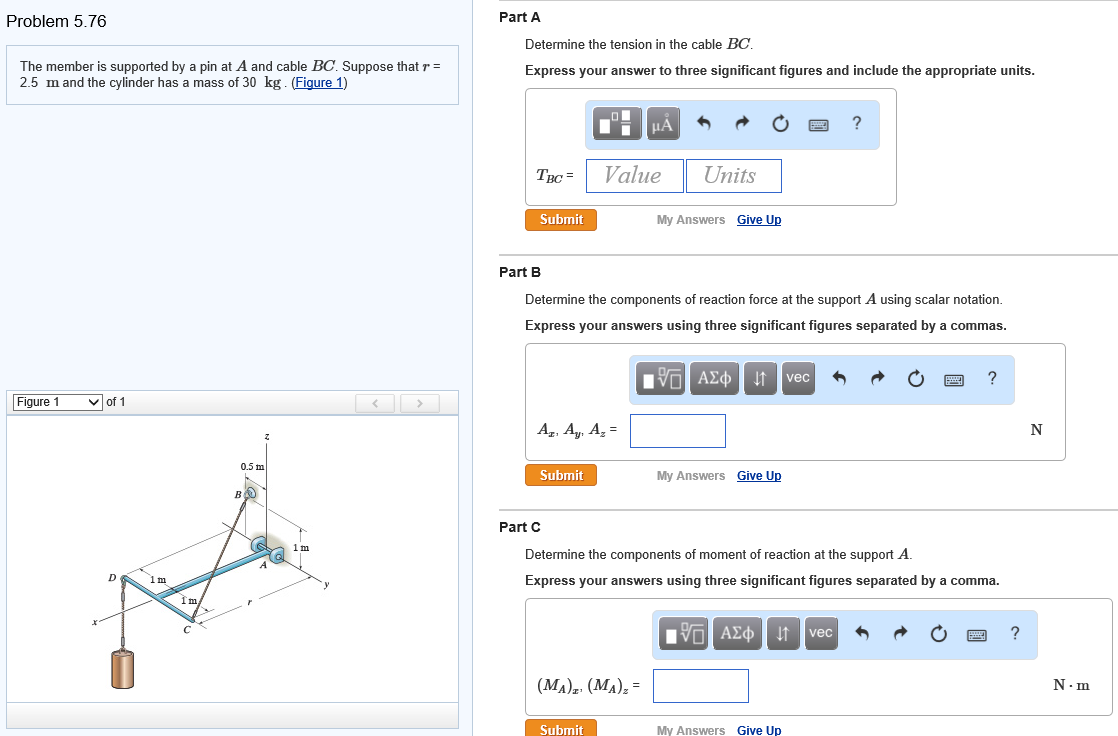 Solved The member is supported by a pin at A and cable BC. | Chegg.com