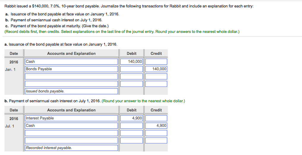 Solved Rabbit issued a $140,000, 7.0%, 10-year bond payable. | Chegg.com