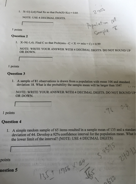 Solved 1 x u 2 4 find xc so that prob x xc 0 85 chegg