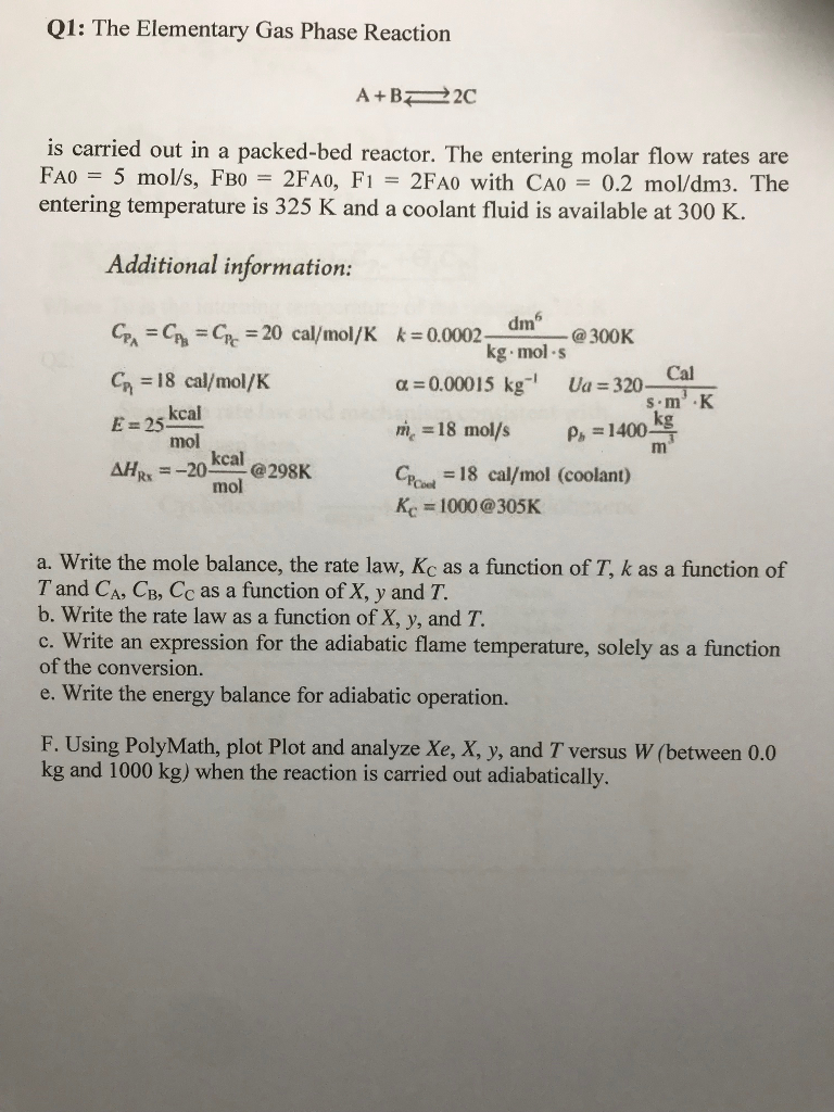 Solved Q1: The Elementary Gas Phase Reaction is carried out | Chegg.com