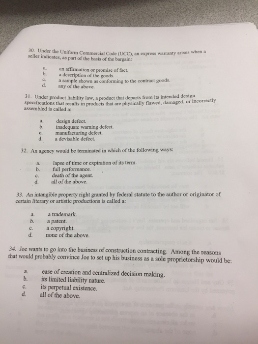 Solved 30. Under the Uniform Commercial Code (UCC), warranty | Chegg.com