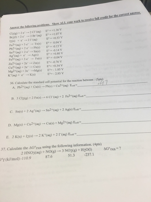 Solved Calculate the standard cell potential for the