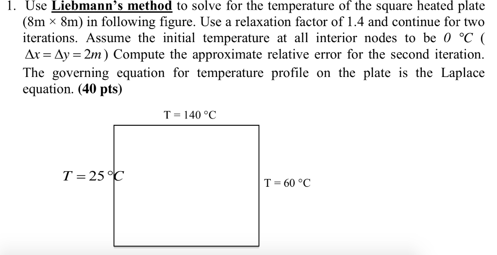 1. Use Liebmann's method to solve for the temperature | Chegg.com