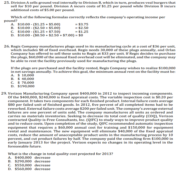 Solved 25. Division A sells ground veal internally to