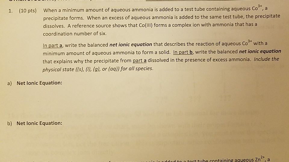 Solved When a minimum amount of aqueous ammonia is added to | Chegg.com