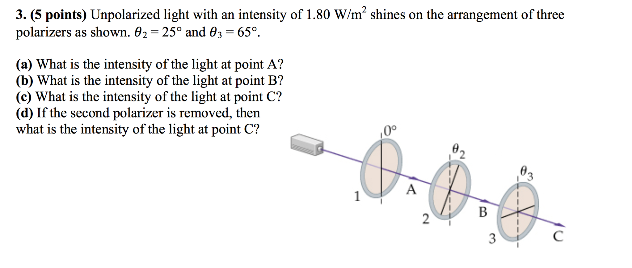 Solved Unpolarized light with an intensity of 1.80 W/m2