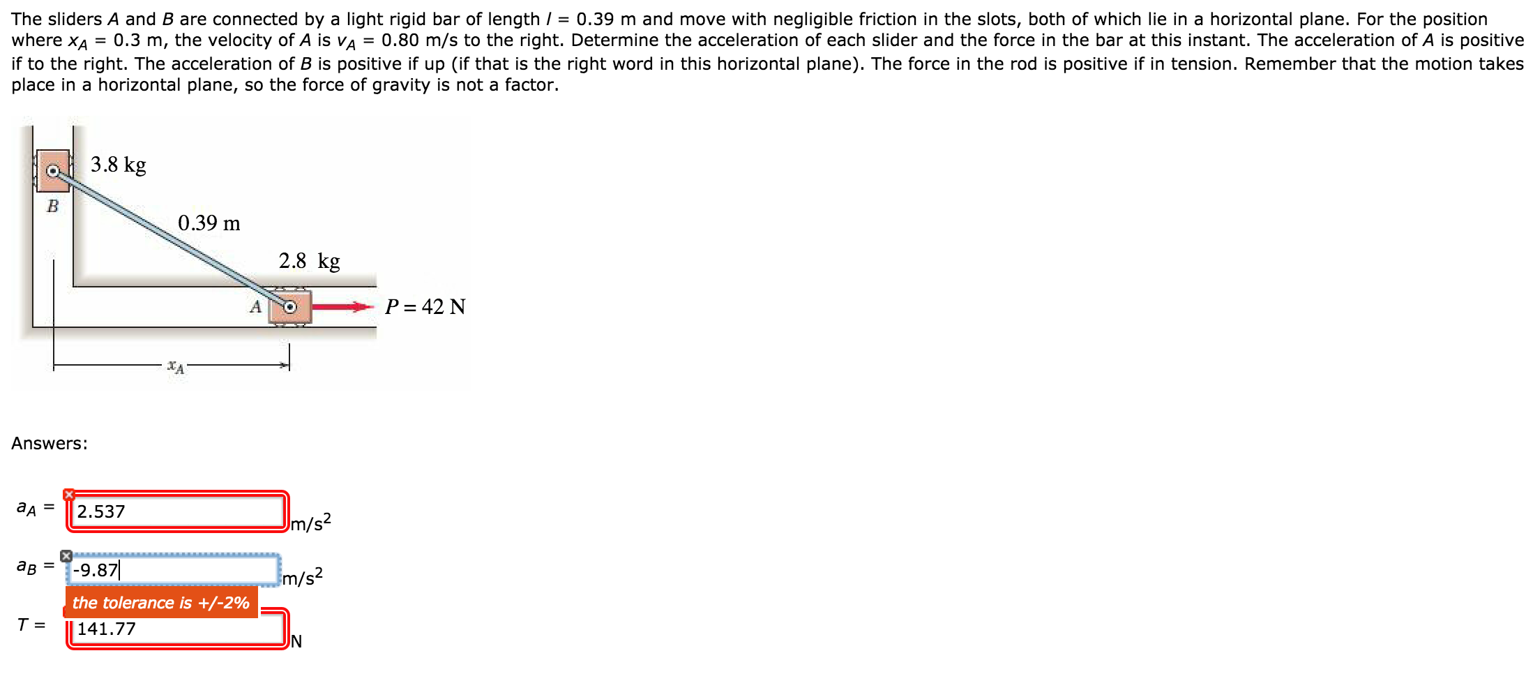 Solved The sliders A and B are connected by a light rigid | Chegg.com
