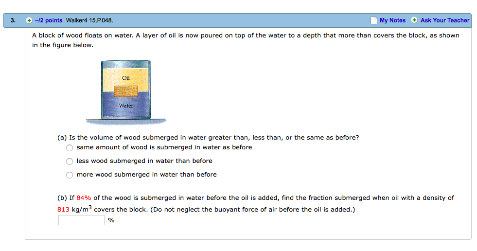 Solved A block of wood floats on water. A layer of oil now
