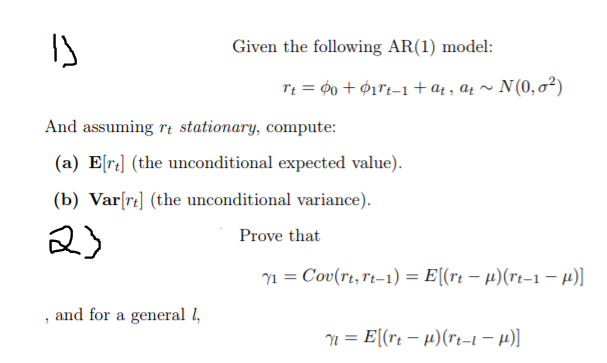 TS Given the following AR(1) model: And assuming rt | Chegg.com
