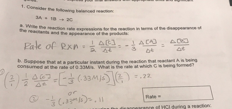 Solved 1. Consider the following balanced reaction: 3A + 1B | Chegg.com