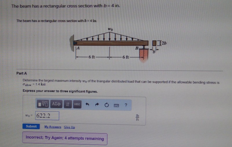 Solved The beam has a rectangular cross section with b 4 in. | Chegg.com