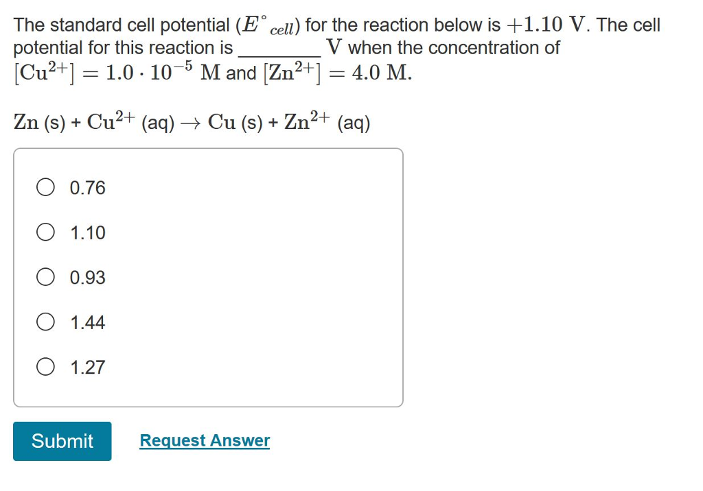 Solved The standard cell potential (E cell) for the reaction