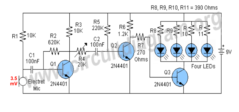 Solved Sound to light circuit. simulate a dc analysis with | Chegg.com
