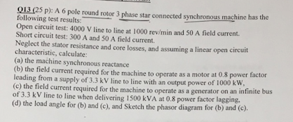 Solved 135 p): A 6 pole round rotor 3 phase star connected | Chegg.com
