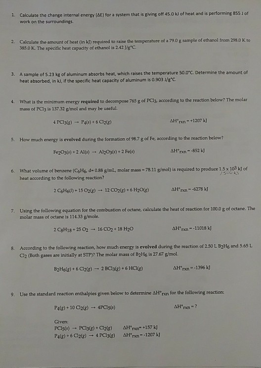 Solved Calculate the change internal energy (AE) for a | Chegg.com