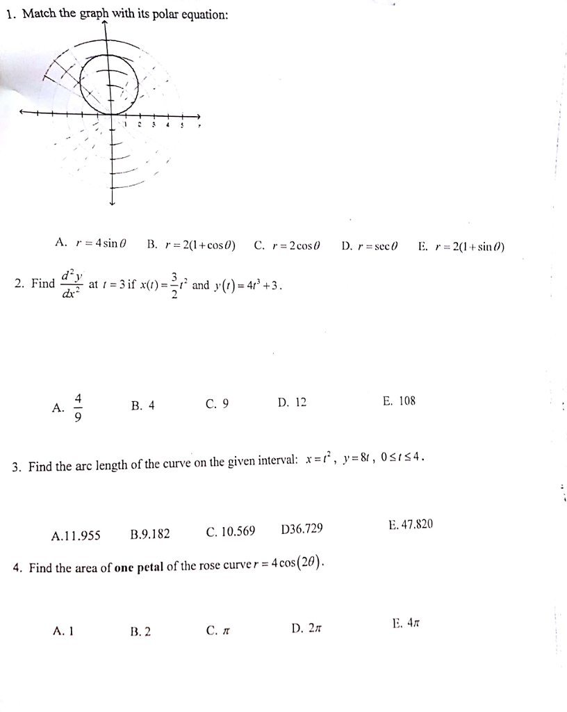 Solved 1. Match the graph with its polar equation 2. Findー | Chegg.com