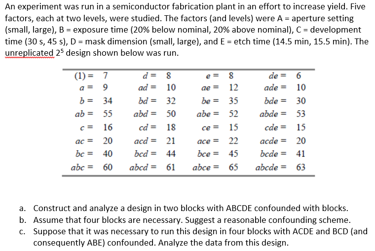 An experiment was run in a semiconductor fabrication | Chegg.com