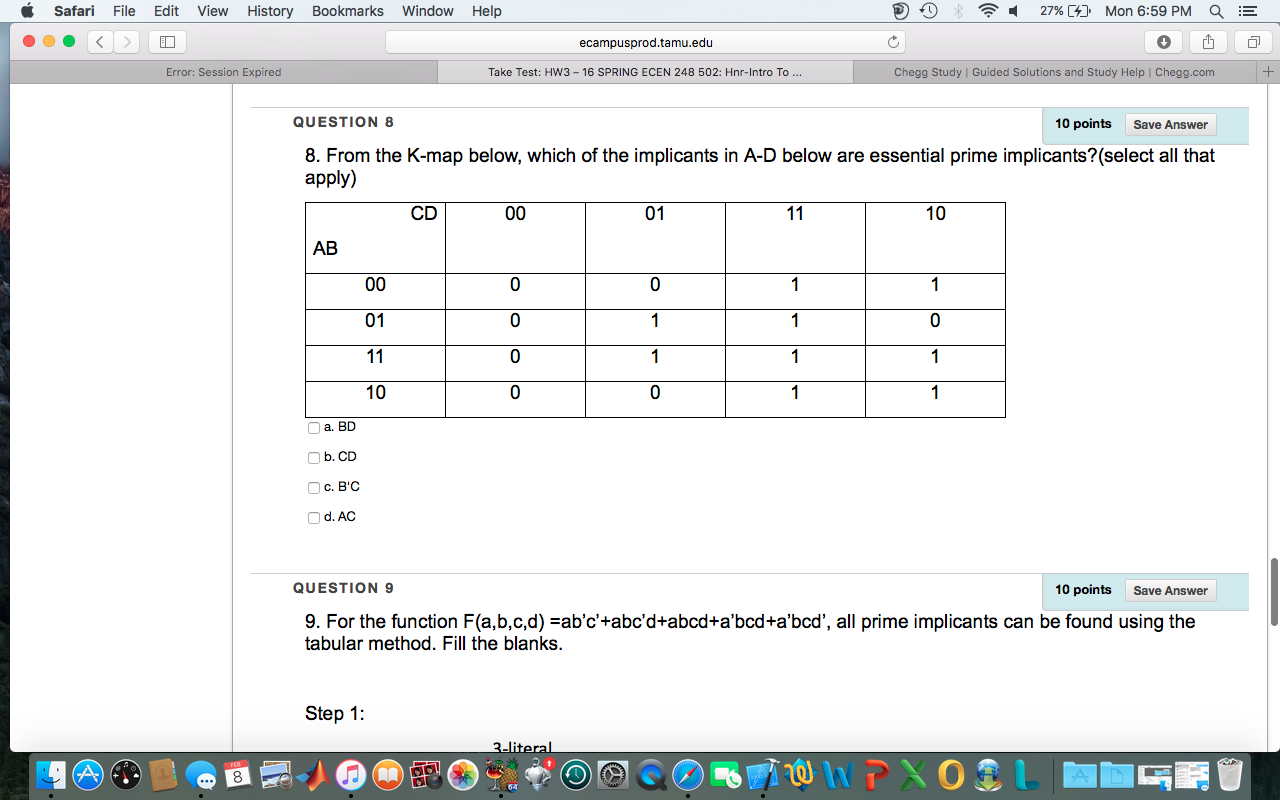 Solved From the K-map below, which of the implicates in A-D | Chegg.com