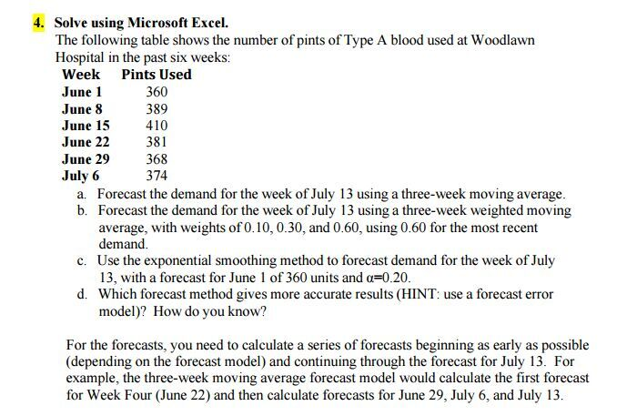 Solved 4. Solve using Microsoft Excel. The following table | Chegg.com