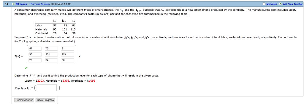 Solved 3/4 points 1 Previous Answers HoltinAlg2 3.3.071 My | Chegg.com