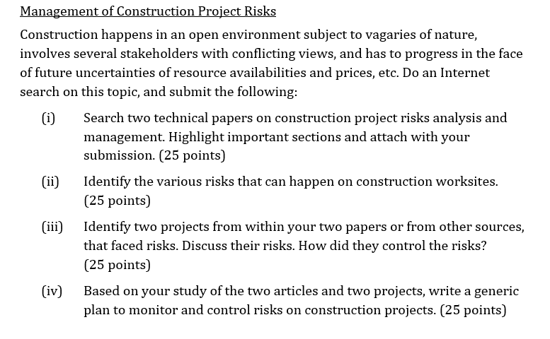 Solved Management of Construction Project Risks Construction | Chegg.com
