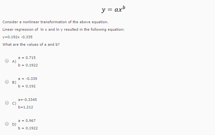 Solved y = ax^b Consider a nonlinear transformation of the | Chegg.com