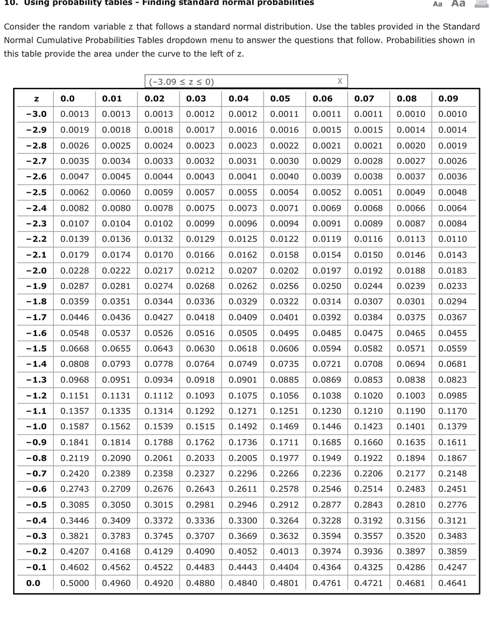 Solved 10. Using probability tables Finding standard normal | Chegg.com