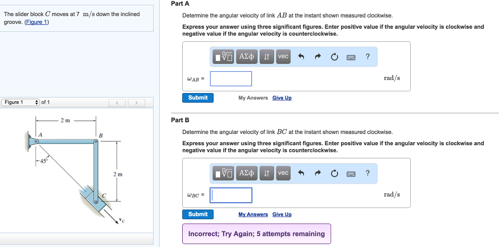 Solved The slider block C moves at 7 m/s down the inclined | Chegg.com