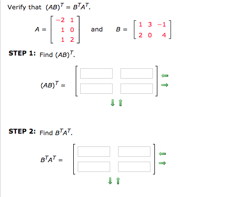 Solved Verify That (AB) -B'A -2 1 1 3-1 And B=120 1 0 1 2J | Chegg.com