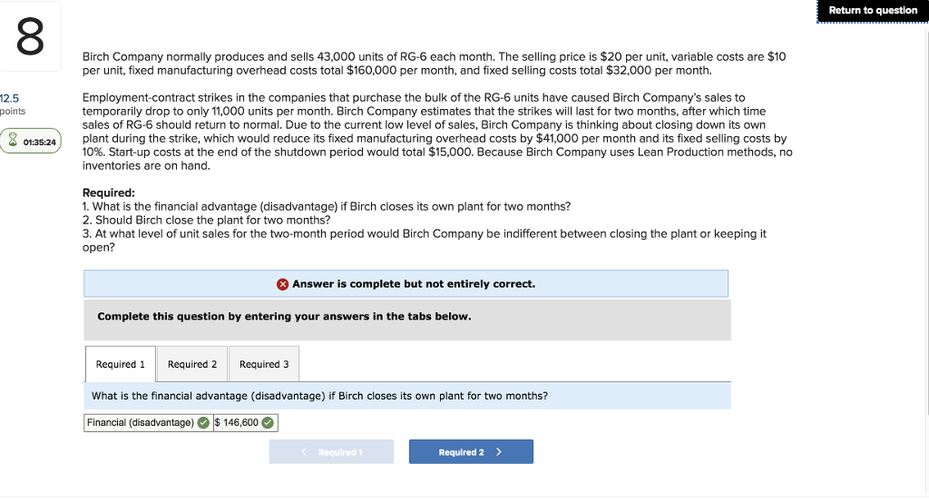 Solved Return to question Birch Company normally produces