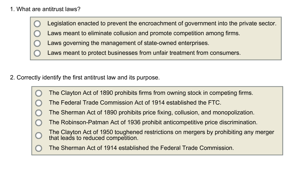 Solved: What Are Antitrust Laws? Correctly Identify The Fi... | Chegg.com