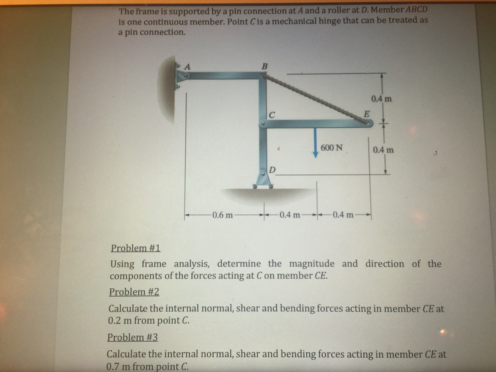 Solved The frame is supported by a pin connection at A and a | Chegg.com