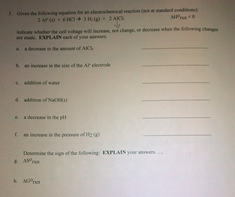 Solved Given the following equation for an electrochemical | Chegg.com