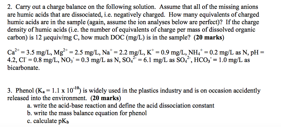 Solved 2. Carry out a charge balance on the following | Chegg.com