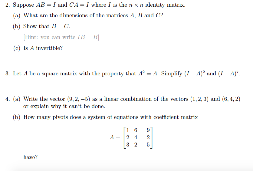 Solved 2 Suppose AB 1 And CA 1 Where I Is The N N Chegg