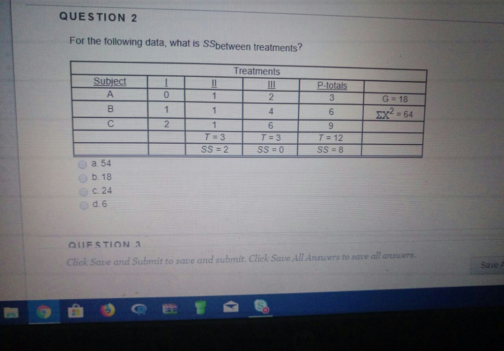 Solved QUESTION 2 For the following data, what is SSbetween | Chegg.com