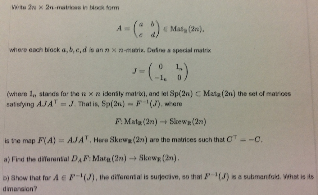 Write 2n x 2n-matrices in block form A- (") e | Chegg.com