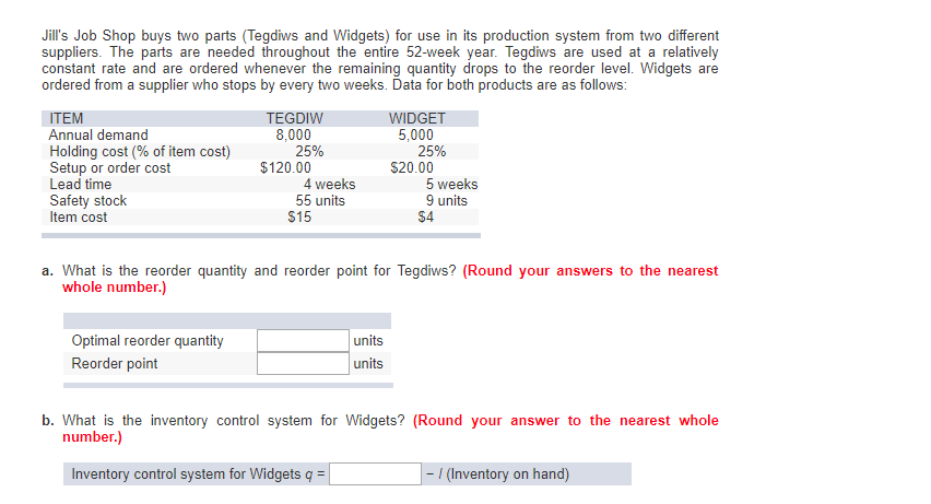 Solved Jill s Job Shop Buys Two Parts Tegdiws And Widgets Chegg