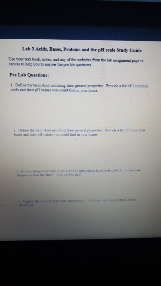 Solved Lab 3 Acids, Bases, Proteins and the pH scale Study | Chegg.com