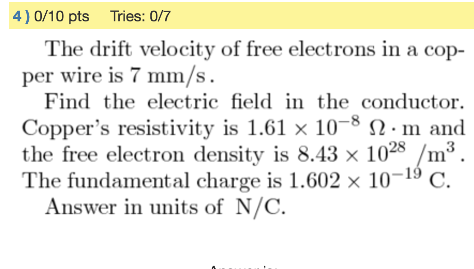 Solved The drift Velocity of free electrons in a copper wire
