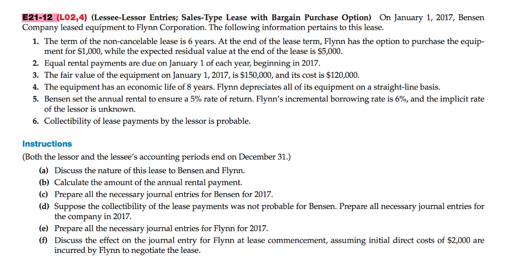 Solved E2112 (LO2,4) (LesseeLessor Entries; SalesType