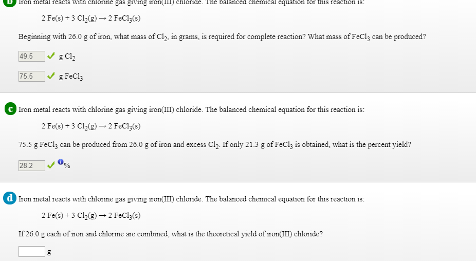 Solved lron metal reacts with chlorıne gas giving iron(lil)