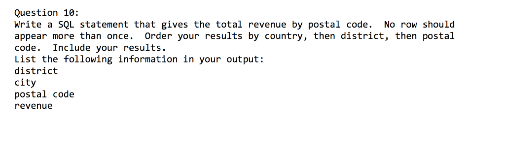 Solved Question 10: Write a SQL statement that gives the | Chegg.com