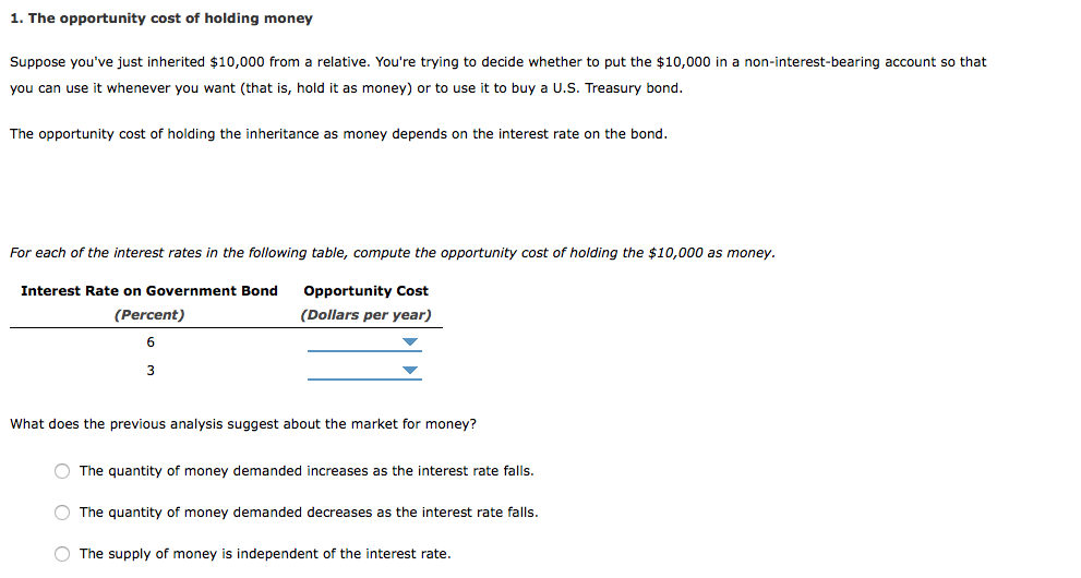 Solved 1. The opportunity cost of holding money Suppose | Chegg.com