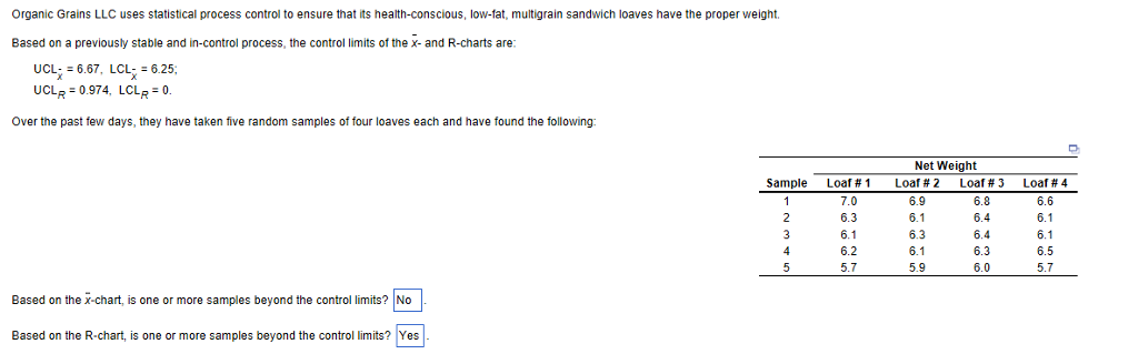 Solved Organic Grains LLC uses statistical process control | Chegg.com