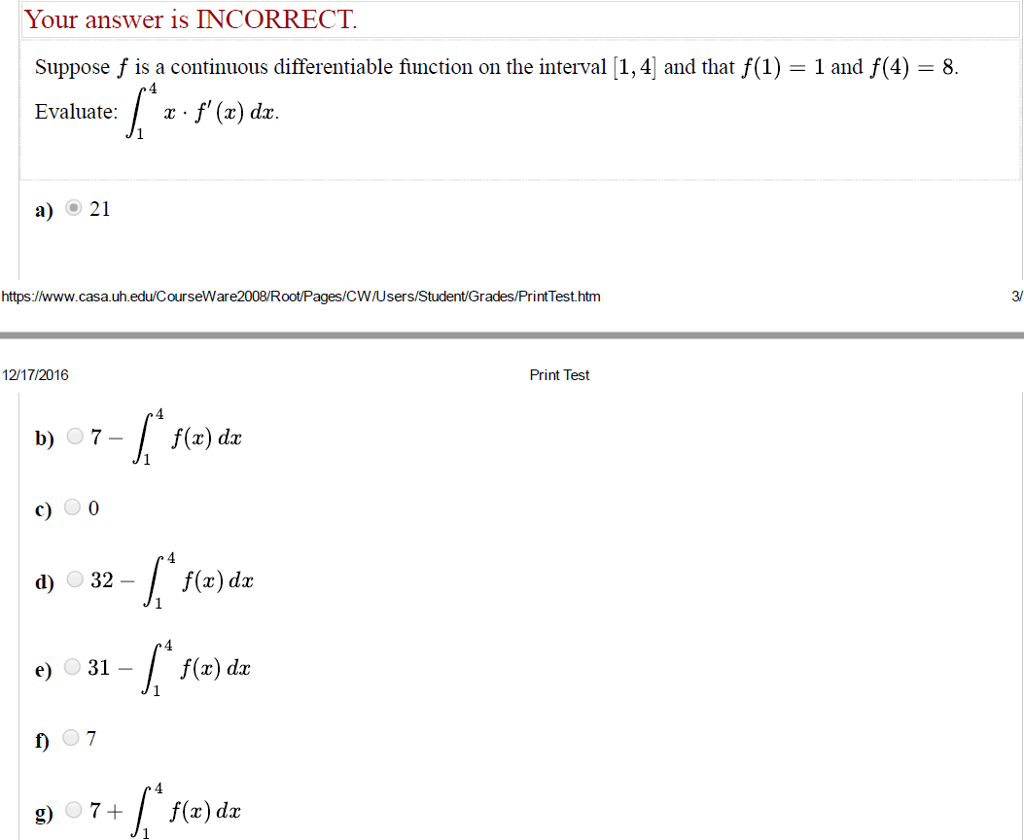 Solved Your Answer Is INCORRECT Suppose F Is A Continuous | Chegg.com