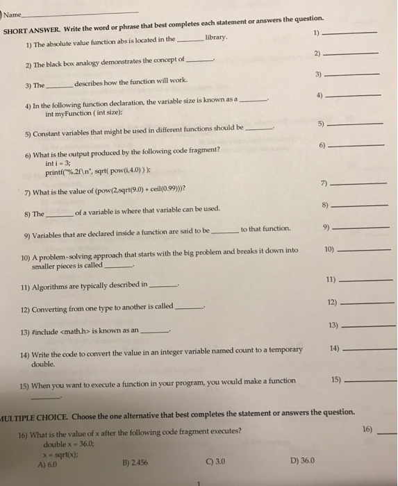 Solved Computer Science questions h.w. 3 | Chegg.com