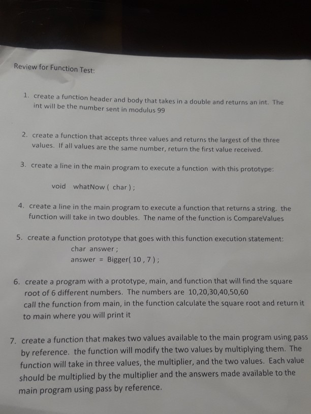 Solved Review for Function Test 1. create a function header | Chegg.com